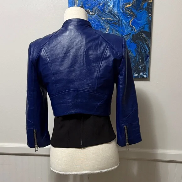Bebe 100% leather crop Women's Blue Leather Jacket - Picture 7 of 13